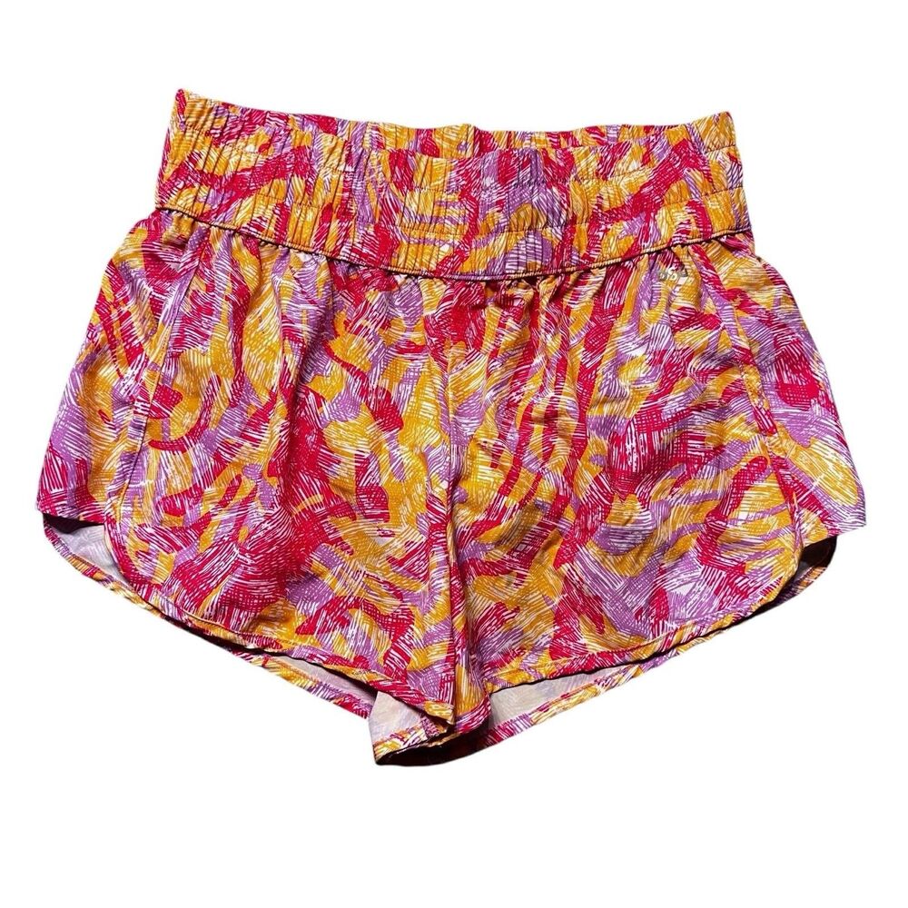 DSG Womens M Running Shorts Abstract Athletic Elastic Waist Pink Yellow EUC